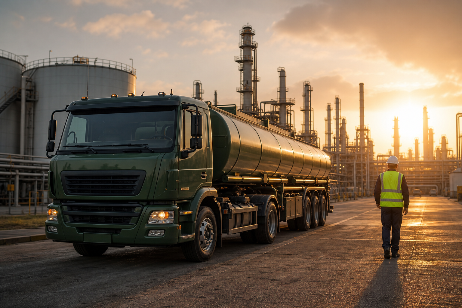 Fuel tanker at refinery industrial facility