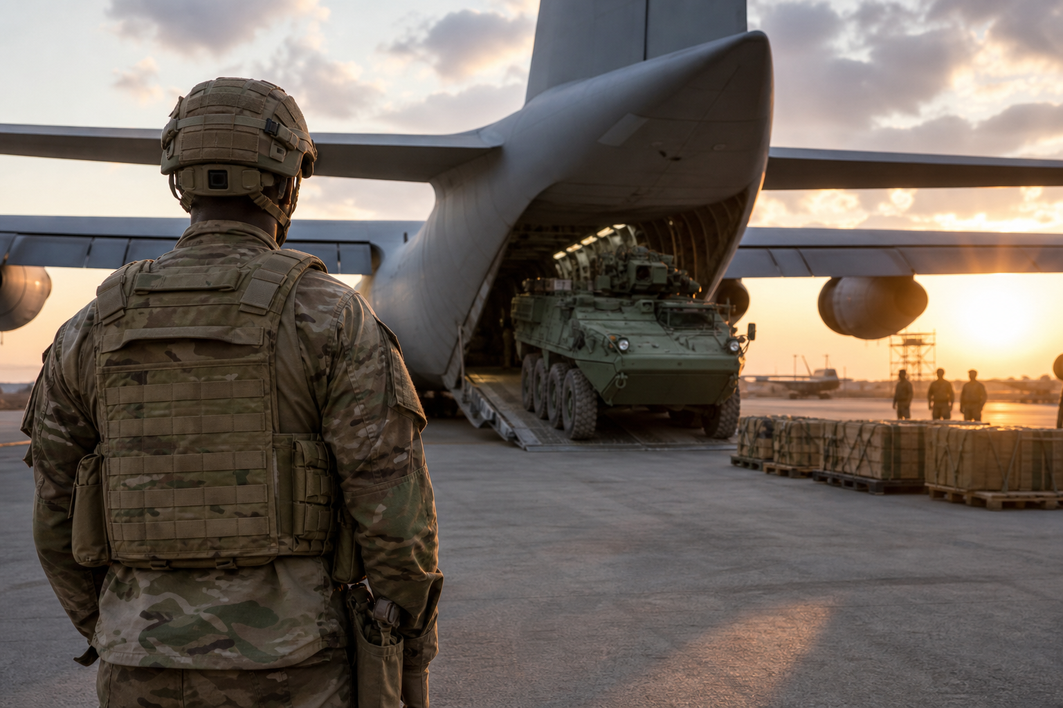 Black military personnel at cargo aircraft loading operation