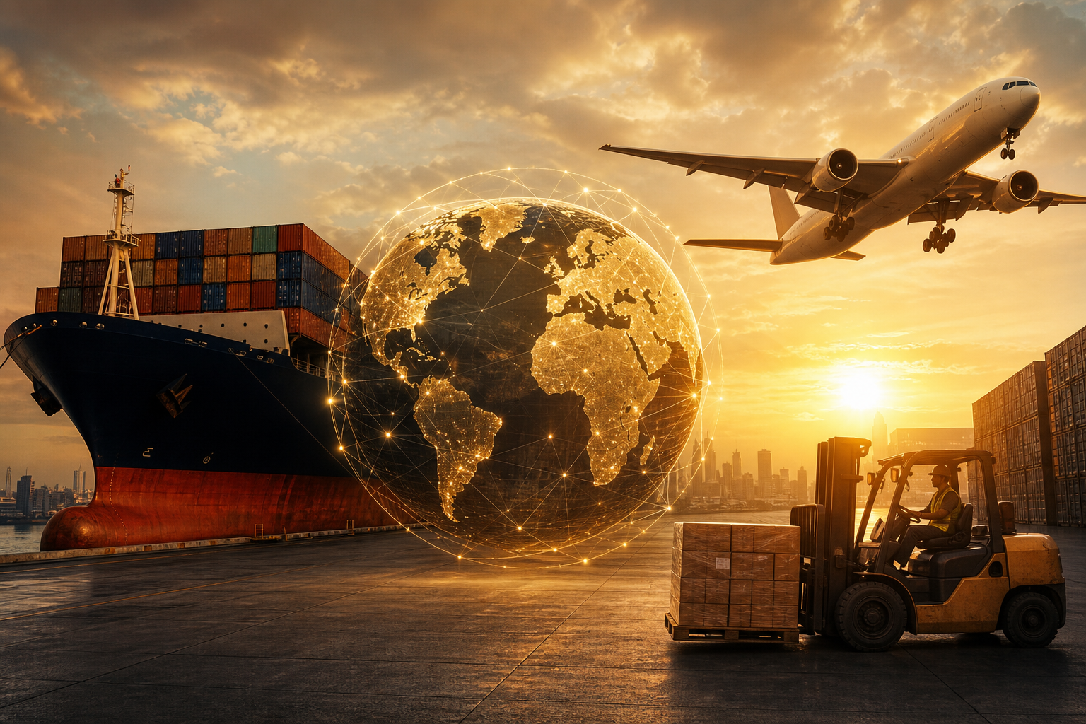 Global logistics hub with shipping, aviation, and supply chain connectivity