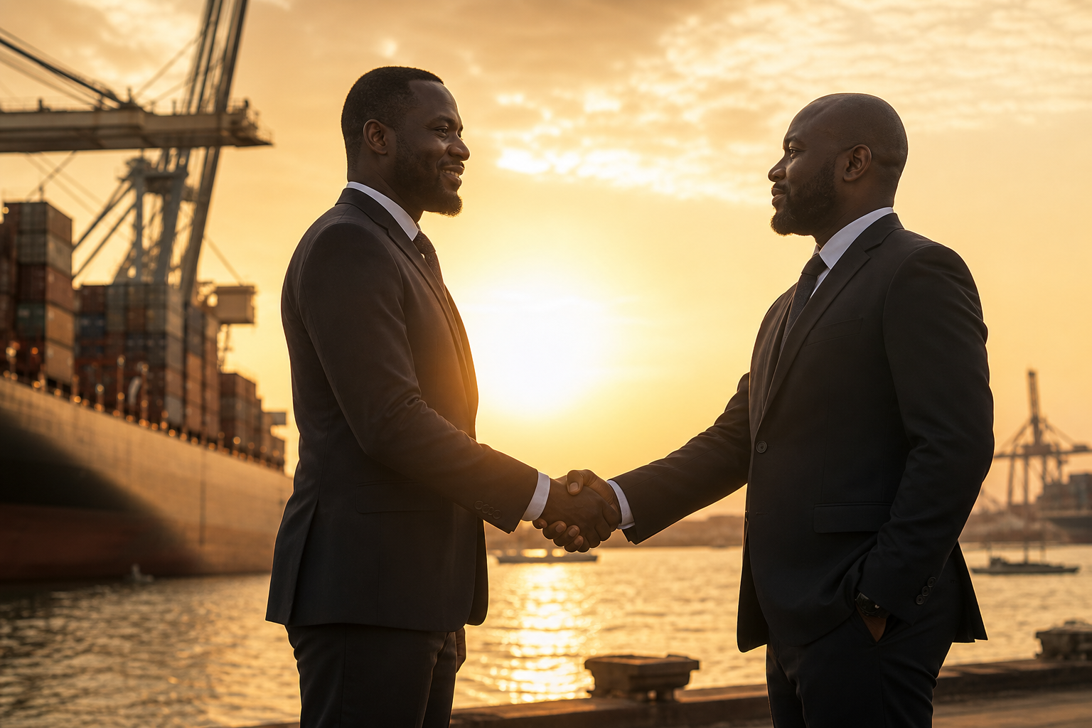 Black business professionals shaking hands at international logistics port